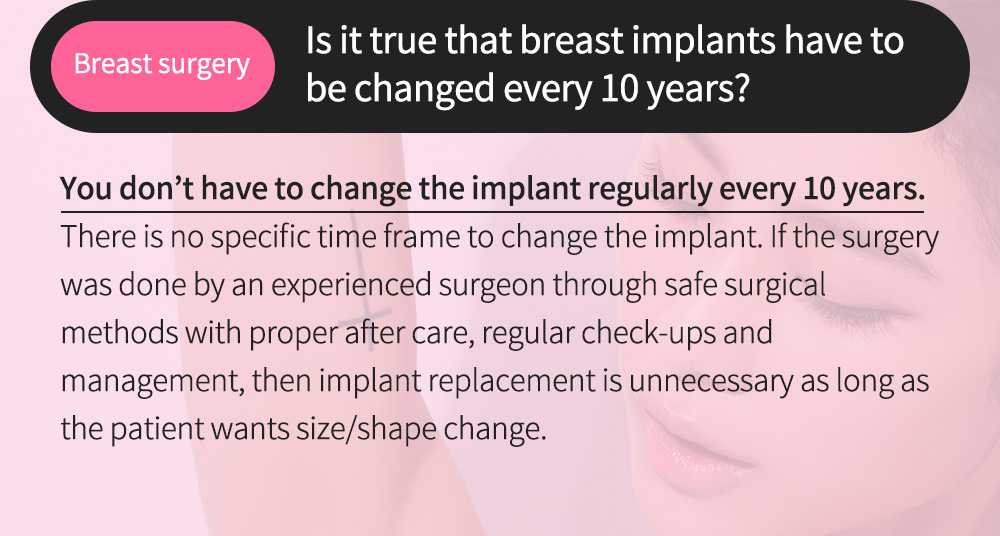 Breast surgery - Is it true that breast implants have to be changed every 10 years? , You don’t have to change the implant regularly every 10 years.There is no specific time frame to change the implant. If the surgery was done by an experienced surgeon through safe surgical methods with proper after care, regular check-ups and management, then implant replacement is unnecessary as long as the patient wants size/shape change. 